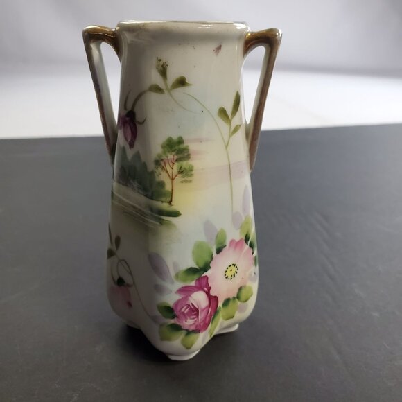 Vintage Nippon Vase Porcelain Painted Floral Design with Handles 5'' Tall - Picture 1 of 9